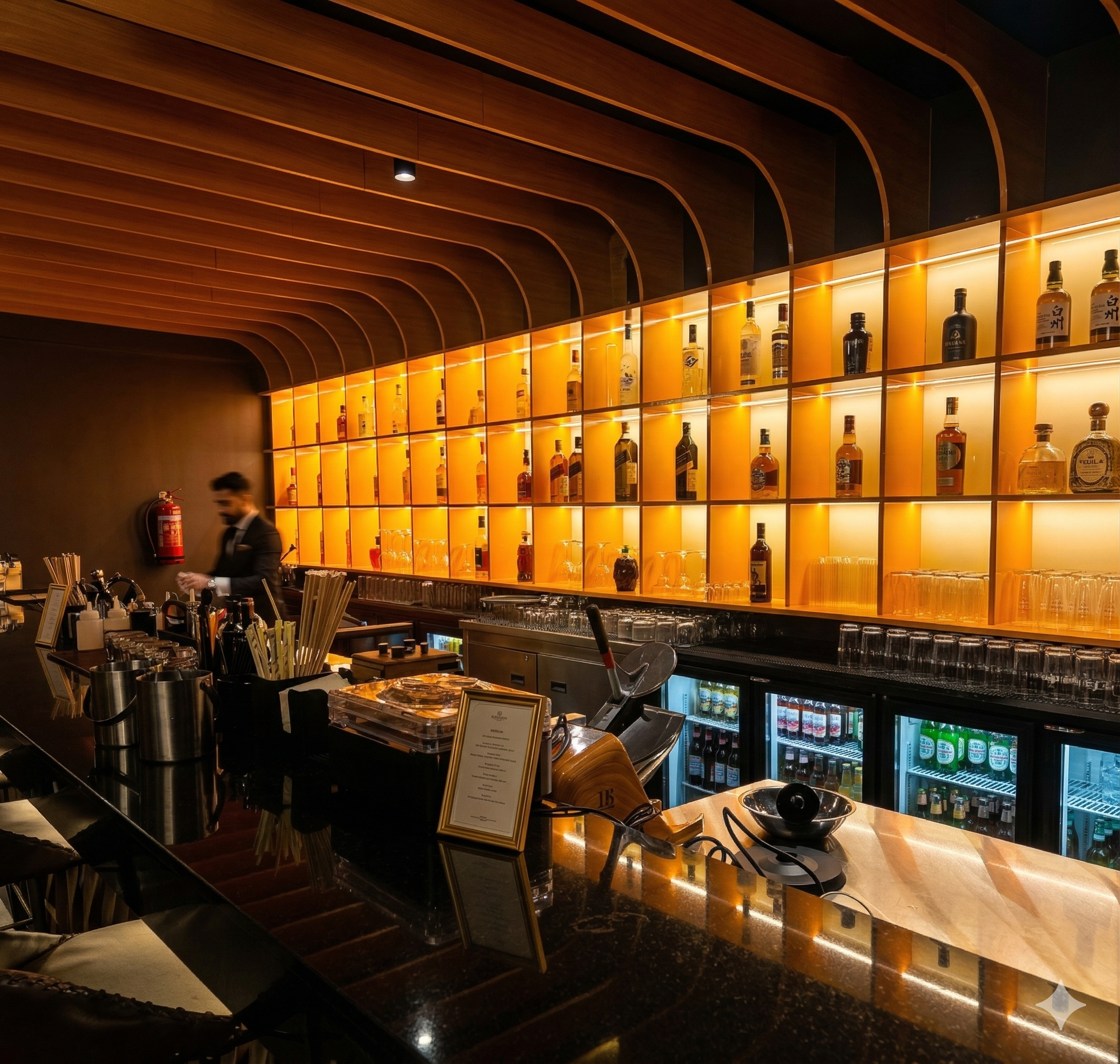 Premium pub interior with warm lighting and elegant seating
